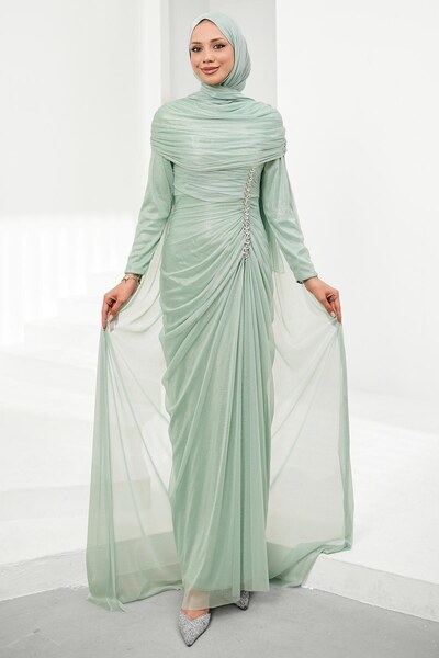 İmajButik Water Green Capelet Evening Dress with Drawstring Stones on the Front