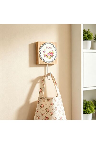idei Cârlig de Perete Decorativ „Home” cu Flori, Lemn, 10,5x10,5 cm, Pentru I...