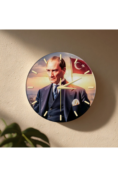 no26dekor ATATÜRK Temalı Dekoratif Duvar Saati – 33 cm UV Baskılı MDF Duvar S...