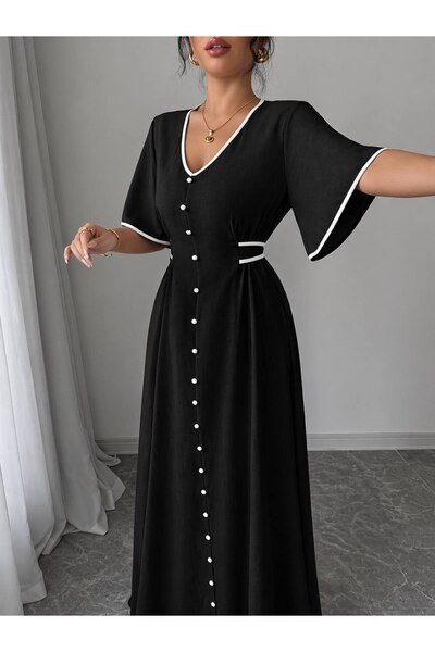 kendii modamm Black/Pink Pearl Button Detail Belted V-Neck Summer Long Dress ...