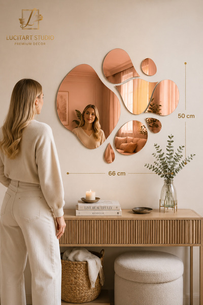 LucitART Dekoratif Damla Ayna Seti - 1mm Gold Rose Ayna Pleksi - Modern Antre...