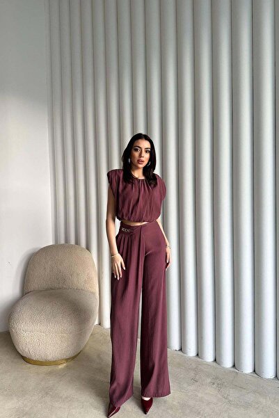 Caddebostan Moda بلوزة نسائية مودال وبنطلون عالي الخصر، طقم مكون من قطعتين