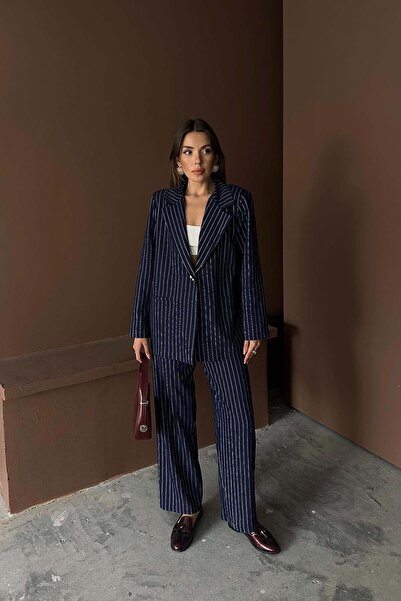 Caddebostan Moda Women's Striped Oversize Blazer Jacket and Wide-Leg Pants Tw...