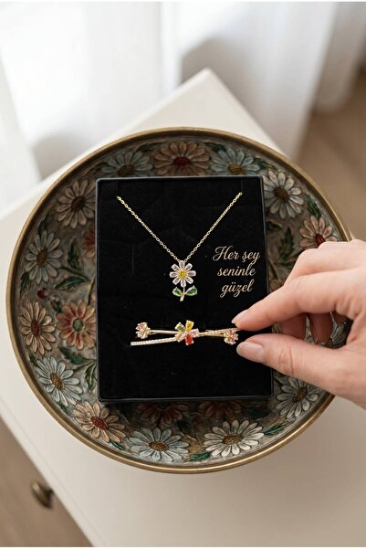 perry accessories gold papatyalı kararmaz çelik kolye ve bileklik seti özel v...