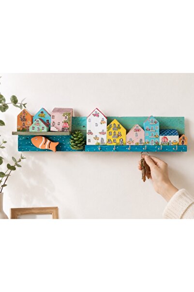 EL YAPIMI Colorful Wooden House Themed Keychain Hanger (12X45 cm)
