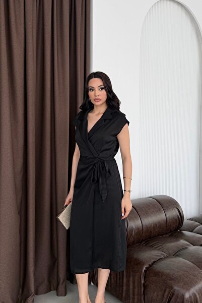 Serica Moda Black Jacket Collar Double-Breasted Midi Dress