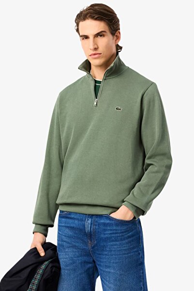 Lacoste سترة رياضية كلاسيكية للرجال بياقة عالية وسحاب نصف كلي من القطن باللون...
