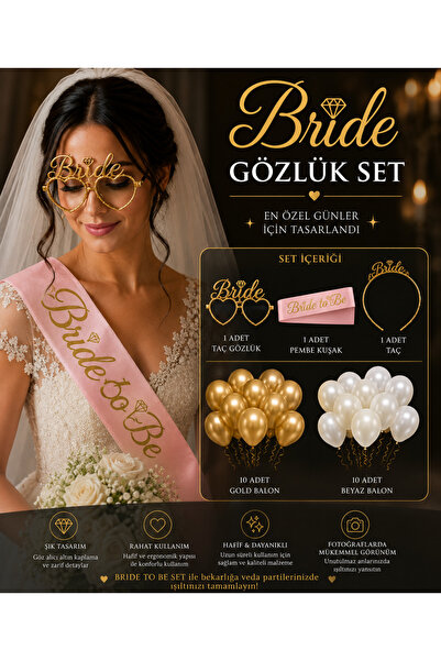 Dizayn Parti Evi Bride To Be Bekarlığa Veda Seti Gold Taç Gözlük Kuşak ve 20 ...