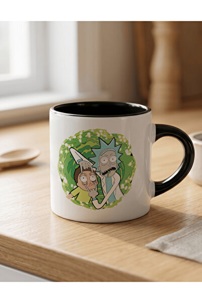 buzagi tasarım ürünleri Rick and Morty 180 ml Beyaz Siyah Kahve Kupası