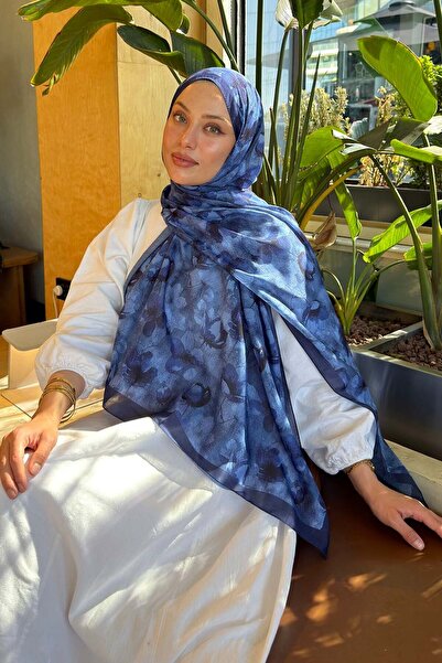 lamelif Floral Pattern Lara Soft Shawl Midnight Blue