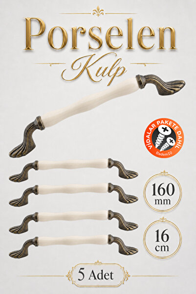 Badem10 (5 Adet) Aurena Porselen Antik Sarı Kulpları 160 mm 16 cm Mobilya Çek...