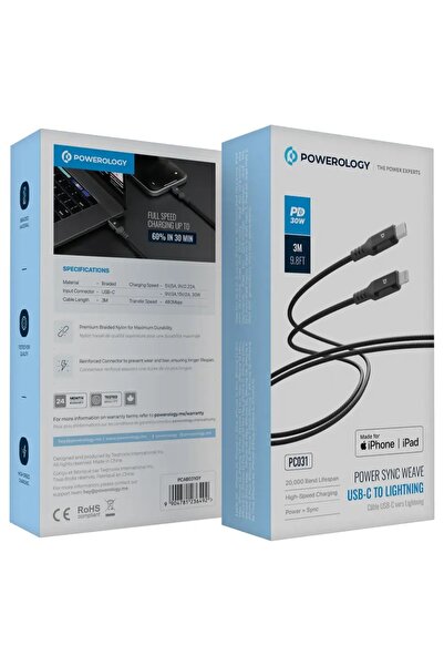 Powerology Power Sync Weave USB-C to Lightning PD 30W 3M Cable Gray