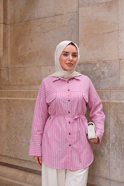 LOCCO Kadın Çizgili Bel Bağlamalı Gömlek Pembe