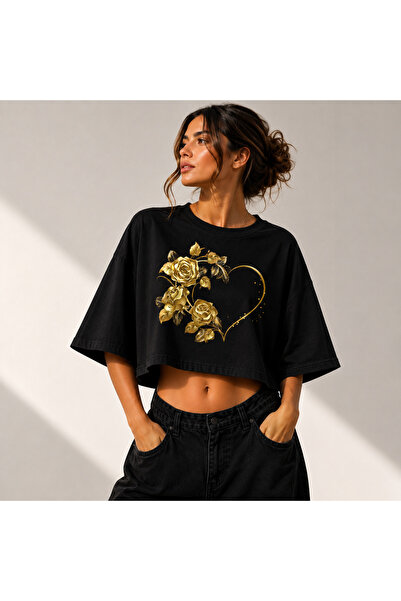 NUATEX Tricou crop oversize pentru femei, cu imprimeu inimă trandafir auriu