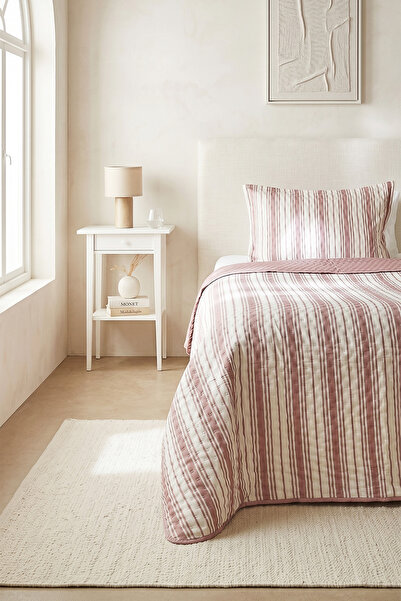 Ocean Home Textile Pamuklu Kapitoneli Bordo Renk Çizgi Desen Tek Kişilik Yata...