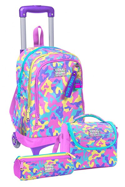 Coral High Trolley Wheeled Triple Primary School Bag Set Pink Yellow Camoufla...