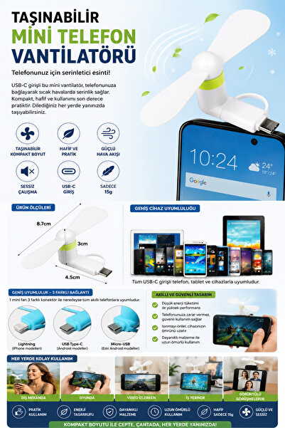 GELDİMİCOM 2'si 1 Arada Mini Telefon Vantilatörü Lightning Type-C ve Micro US...
