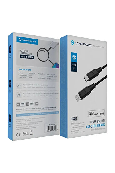 Powerology كابل Power Sync Flex USB-C إلى Lightning بطول 2 متر، PD 30 واط، أسود