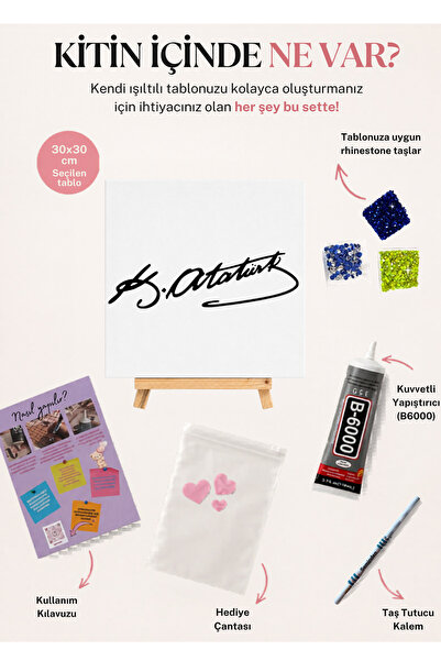 Kişiye Özel Atatürk Kendin Yap Taşlı Kanvas Tablo 30×30 Kristal Taş Yapıştırma Kit Set | Rhinestone DIY Hobi Seti | İsim, Harf, Logo,Ev,Duvar Tasarımı Çocuk Yetişkin ETKİNLİK