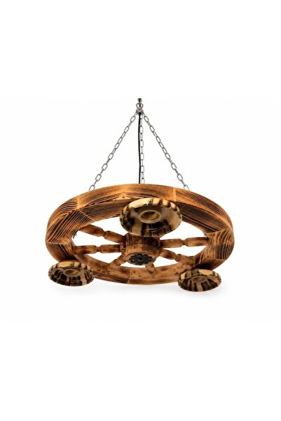 OEM Candelabru rustic din lemn masiv, tip roată de carucior - 3 becuri