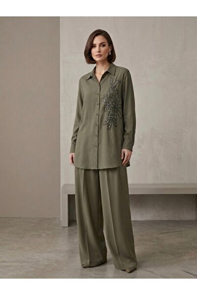 Meşe Moda Nakış Detaylı Oversize Tunik Pantolon Takım