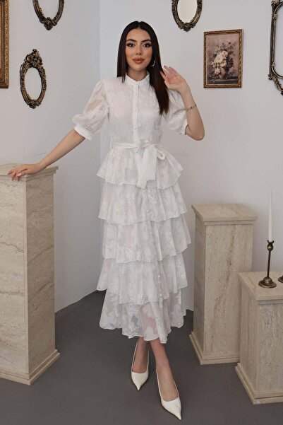 Caddebostan Moda فستان ميدي مزين بحزام وأزرار وتصميم متعدد الطبقات