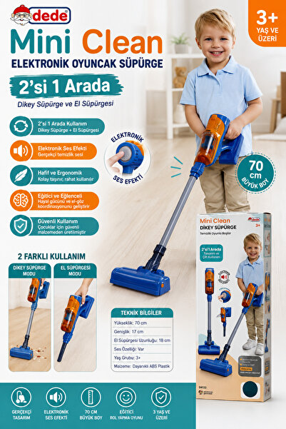 DEDE Mini Clean Elektronik Oyuncak Süpürge 2'si 1 Arada Sesli Dikey ve El Süp...