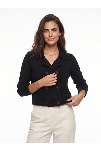 ONLOOX Black Acrylic Blended Soft Textured Polo Collar Buttoned Regular Fit K...