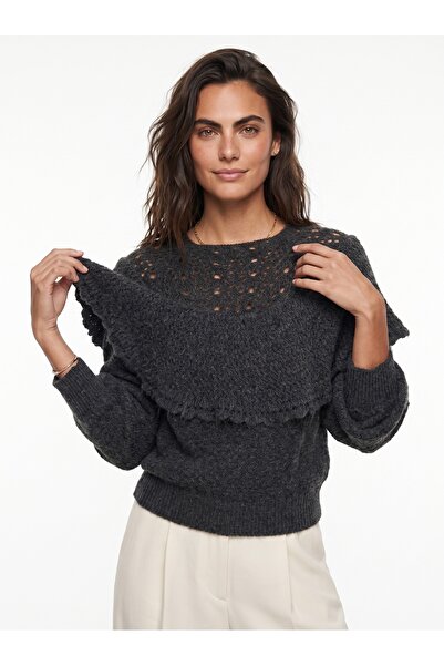 ONLOOX Anthracite Soft Textured Balloon Sleeve Openwork Collar Detailed Ruffl...