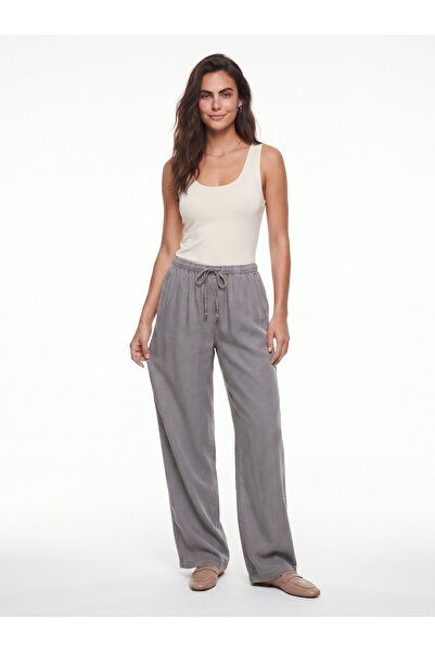 ONLOOX Ice Gray Lyocell Fabric Summer Trousers with Elastic Waist and Tie Det...