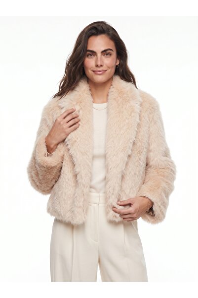 ONLOOX Biscuit Faux Fur Textured Stretch Fabric Wide Collar Long Sleeve Premi...
