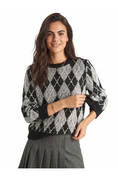 ONLOOX Black Cotton Viscose Blend Crew Neck Standard Fit Argyle Pattern Knitw...
