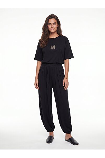 ONLOOX Black Viscose Textured Short Sleeve Oversize Stone Embroidered Pleated...