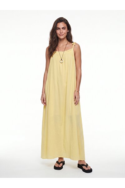 ONLOOX Yellow Cotton Crinkle Textured Tie-Strap Oversized Lined Long Dress wi...