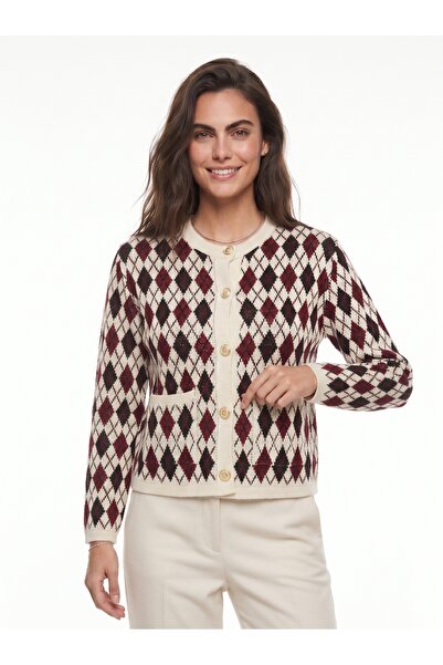 ONLOOX Burgundy Black Acrylic Knitwear Crew Neck Diamond Patterned Buttoned P...