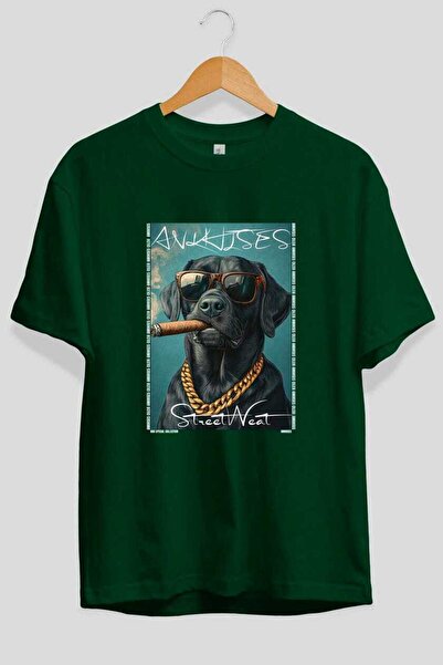 Ankhises For Dog Lovers 43 Front Dog Printed Green Oversize T-Shirt 100% Cott...