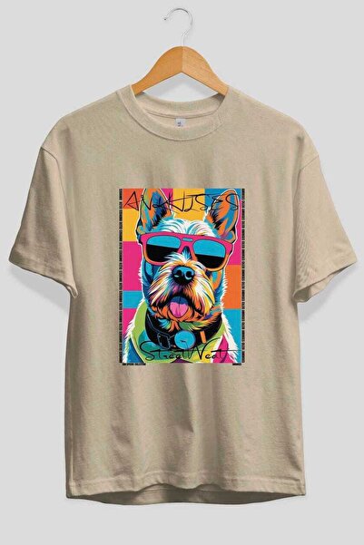 Ankhises تي شيرت Dog Love 63 Front Dog مطبوع باللون البيج مقاس كبير 100% قطن ...