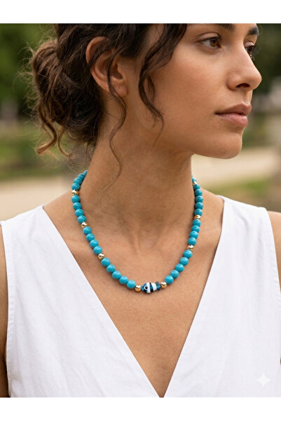 Hello Neo Jewelry Doğal Mavi Firuze Taşı Ve Murano Cam Balık Özel Tasarım Kolye