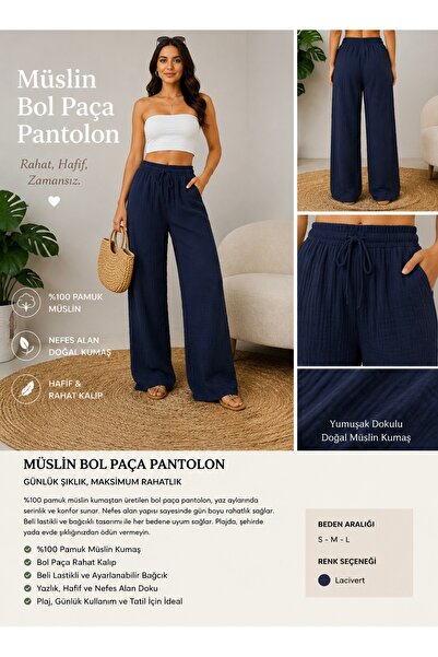 Genel Markalar Kadın Lacivert Müslin Bol Paça Pantolon %100 Pamuk Yazlık Raha...