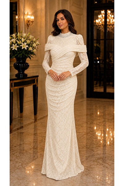 Hennin Stone Neckline Criss-Cross Draped Long Sleeve Lace Evening Dress 5156