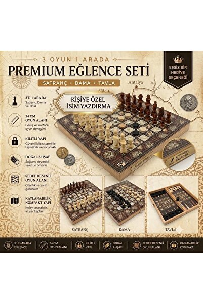 e-life Kişiye Özel İsimli Lüks Ahşap Görünümlü 3ü1 Arada Premium Satranç Dama...
