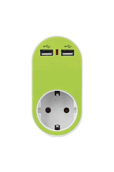 EUROLAMP Αντάπτορας, 1 Θέσης Σούκο και 2 θέσεων USB, Πράσινος - Λευκός