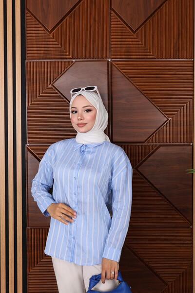 FRESH FASHION قميص، قماش أندورا مخطط، قماش كتان صيفي، طويل من الخلف