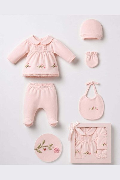Cantoy Floral Embroidered Ruffled Baby Girl 5-Piece Hospital Outfit