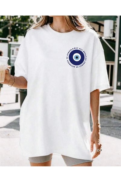 Oceanwear تي شيرت نسائي أبيض برقبة دائرية وأكمام قصيرة مطبوع عليه عين الشر
