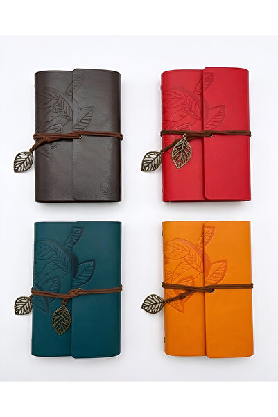 Wolawood Özel Seri Dört (4) Adet Deri Defter Yaprak Desenli, Eskitme Sayfa, S...