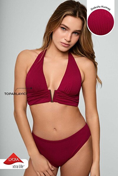 Kom India Dokulu Kumaş Üçgen Bikini Takımı Vişne