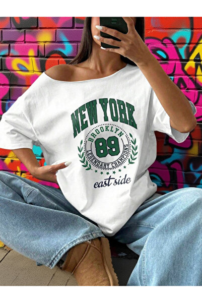 OVER HEAD Tricou pentru femei Newyork 89, cu imprimeu, cu gât barcă și umeri ...