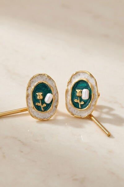 bacc Petrol Green Rose Figured Enamel Vintage Medallion Earrings