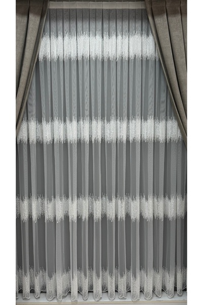 Görkem Curtain with Dotted Stripe Embroidery Off-White 1/3 Dense Pleat Premiu...